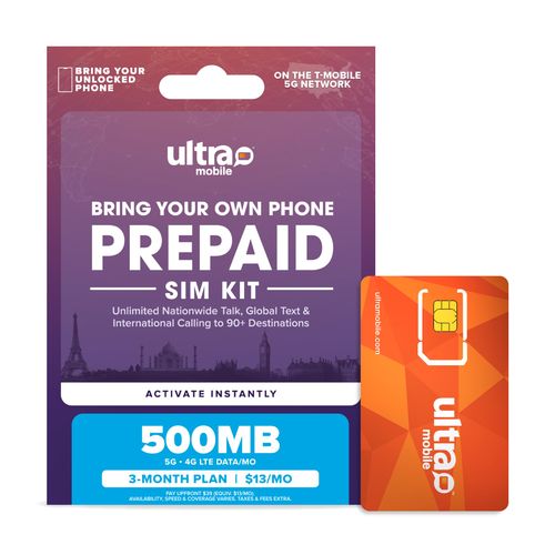 $13/mo. Ultra Mobile Prepaid Phone Plan with Unlimited Talk, Text, & 500MB of 5G • 4G LTE Data for 3 Months (3-in-1 SIM Card Kit)