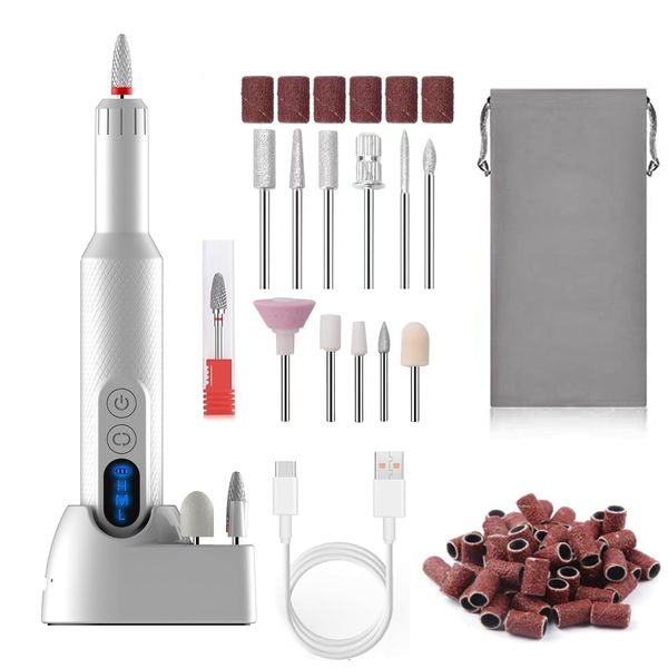 Midgaleuang Portable Electric Nail Drills,Professional Nail Drill File Kit for Acrylic,Manicure and Pedicure Sets for Grinding,polishing and Trimming,Rechargeable Pedestal Nail Polisher. White