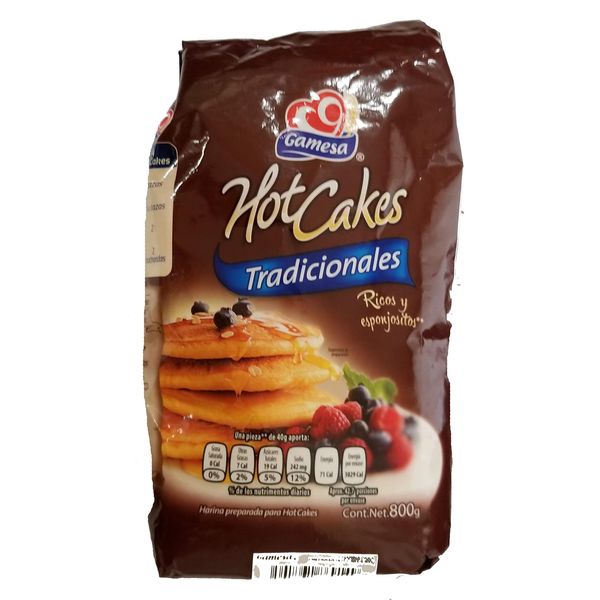 Gamesa Mexican Hot Cakes Pancake Mix. Wheat flour prepared and fortified to cook delicious and fluffy hot cakes. 1 bag (800grs)