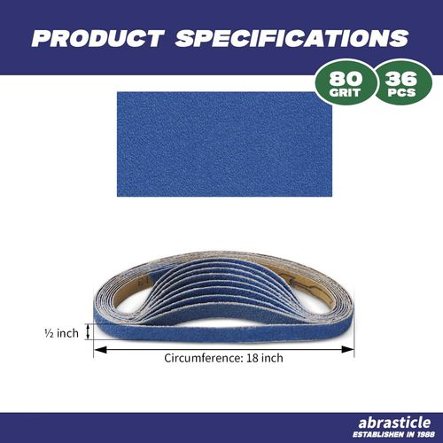 1/2" x 18" Zirconia Sanding Belts for Metal - 1/2 x 18 Inch Zirconia Metal Grinding Sand Paper, 36 PCS 80 Grits, Perfect for Knife Blade Sharpening, Metal Polishing, Derusting, Woodworking