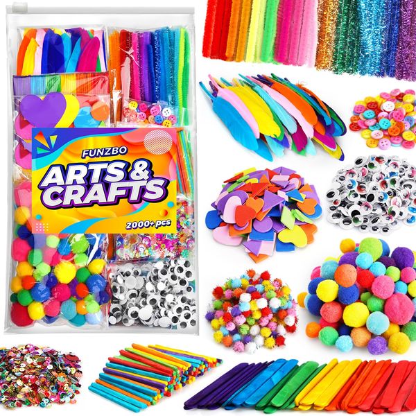 FUNZBO 2000Pcs+ Arts & Crafts Supplies Kits for Kids,DIY Christmas Craft Supplies for Toddlers DIY Art Supply Tools Set Include Pipe Cleaners,Pom Poms,Feather for Crafts,Crafts for Kids Ages 4-8