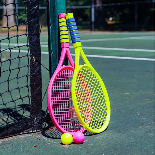 TychoTyke Kids Tennis Racket Play Set 2 Matching Balls Outdoor Exercise - Pink