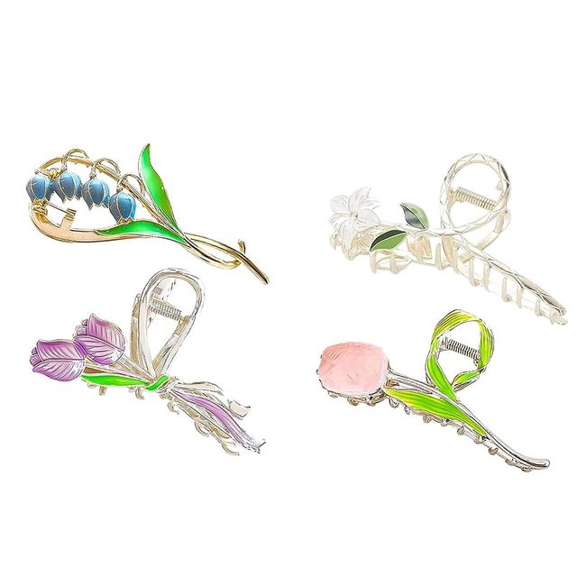 SSRDFU Blumen Metall Haarspangen - 4 PCS Damen Große Haarklammer rutschfeste Clips Haarklammern für Frauen Mädchen Dickes Dünnes Langes Lockiges Haar Haarstyling Zubehör Tulpen Lilien