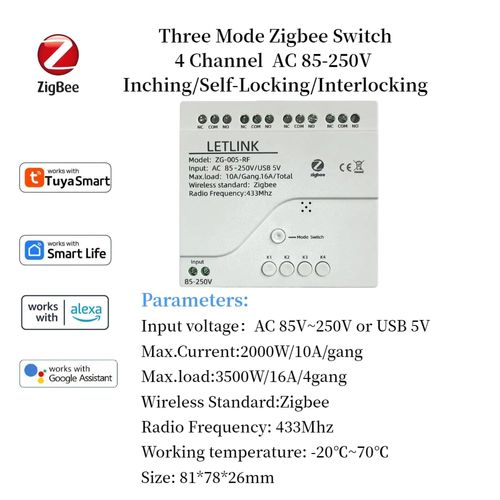 LETLINK 4 Channel usb 5V Or AC 85-250V Zigbee Controller,APP Remote Control with Inching/Self-Lock/Interlock modle，Works with Tuya Zigbee Gateway (4CH usb 5V/AC 85-250V)