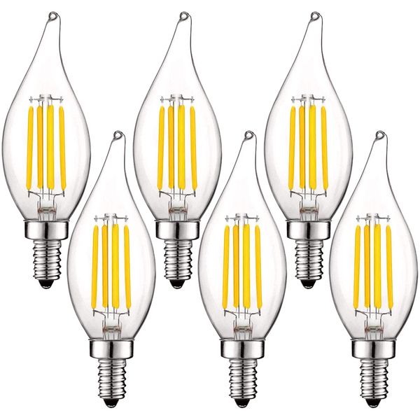 LUXRITE Vintage Candelabra LED Bulb 60W Equivalent, 550 Lumens, 4000K Cool White, LED Chandelier Light Bulbs 5W, Dimmable, Flame Tip Clear Glass, Filament LED Candle Bulbs, E12 Base (6 Pack)