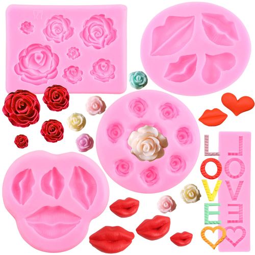 Mujiang Valentine's Day Silicone Molds Lips Heart Rose Flower Love Letter Fondant Molds For Wedding Party Supplies Cake Decorating Cupcake Topper Candy Chocolate Gum Paste Polymer Clay Set Of 5