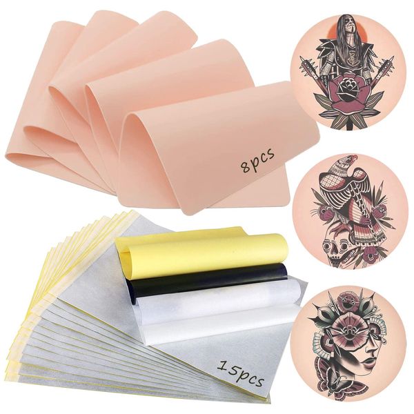 Tattoo Skin with Transfer Paper - NAQASE 23Pcs Tattoo Fake Skin and Stencil Paper Tattoo Practice Kit Includes 15Pcs Tattoo Paper and 8Pcs Tattoo Skin Practice