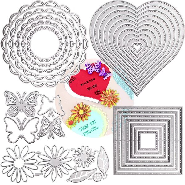 DailyTreasures 5 Set Cutting Dies Stencil, 32Pcs Metal Template Moulds Multi-Shape DIY Craft Embossing Tools for Album Scrapbooking Art Decor & Card Making(Heart/Square/Round Lace/Butterfly/Flower)