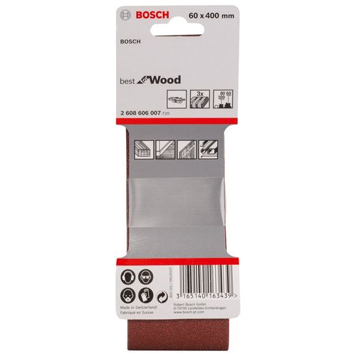 Bosch Professional 3 pcs. Sanding Belt Set Best for Wood and Paint (Grit 60/80/100, 60 x 400 mm, X440, Accessories for Belt Sanders)