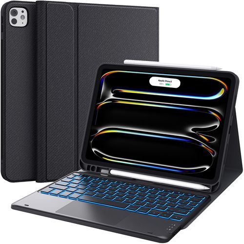 CHESONA Keyboard Case for iPad Pro 11 inch (M4-2024), Magnetic Detachable Keyboard with Backlit, 2 Wireless Channels, Touchpad & Pencil Holder, Black