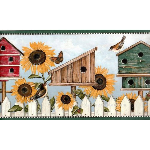 David Carter Brown Sunflower Birdhouse Birds Rustic Wallpaper Border, 15'x10.25"