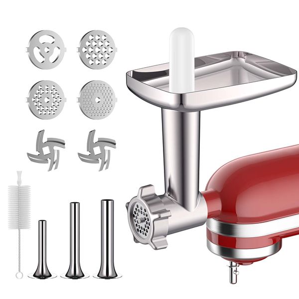 Metal Meat Grinder Attachment for KitchenAid Stand Mixers, Meat Grinder Attachment Includes 4 Grinding Plates, 3 Sausage Stuffer Tubes, 2 Grinding Blades, Meat Grinder and Sausage Stuffer by COFUN