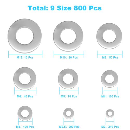 800 Pcs 304 Stainless Steel Flat Washers for Screws Bolts, Fender Washers Assortment Set, Assorted Hardware Lock Metal Washers Kit (9 Sizes-M2 M2.5 M3 M4 M5 M6 M8 M10 M12) for Home, Factories etc YLYL