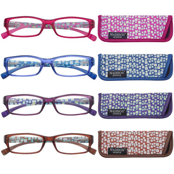 Madison Avenue 4 Pack Multicolor Blue Light Blocking Reading Glasses for Women Spring Hinge +1.5