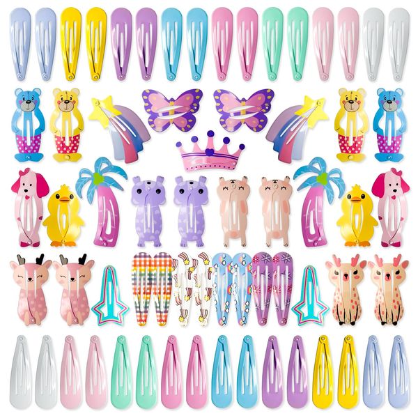 Cocplok Exclusive Non-Slip Metal Hair Clips Set for Girls - 65 Pieces for Kids, Teens Women,Adorable Candy-Colored Cartoon Designs Featuring Animals, Butterflies, Crowns & Stars