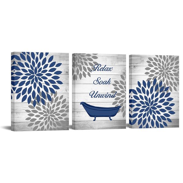 RnnJoile 3 Pieces Rustic Floral Canvas Wall Art Dahlia Relax Soak Unwind Painting Artwork for Home Bathroom Decor Navy Blue Flower Picture Print Framed Ready to Hang Each Piece 12x16 Inch