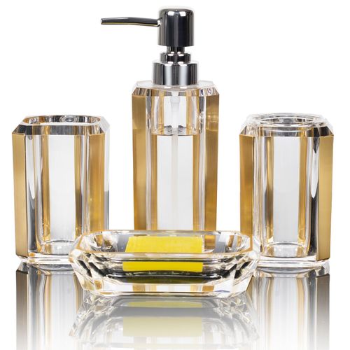 4-Piece Premium Acrylic Bathroom Accessory Set-Hand Sanitizer Bottle Lotion Can Bathroom Suit Separate Bottle Soap Box Mouthwash Cup Toothbrush Cup (Brushed Gold)