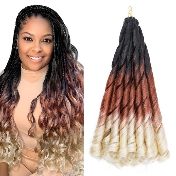 S-noilite French Curl Braiding Hair 24 inch 3 Pack Loose Wavy Spiral Curly Crochet Hair Deep Wave Synthetic Extensions Pre Stretched Bouncy Braiding Hair, Black to Auburn to Bleach Blonde