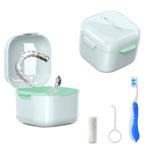 Denture Bath Box Cup，Portable Denture Case with Strainer Basket，False Teeth Storage Box Holder，Retainer case Cleaning，Soak Cup，With braces chewable tablets and Extractor toothbrush（White）…