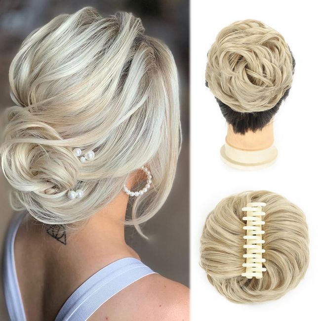 Claw Messy Bun Hair Pieces for Women Clip Wavy Curly Hair Chignon Clip in Hairpieces Tousled Updo Donut Hair Bun Synthetic Hair Ponytail (16/613#)