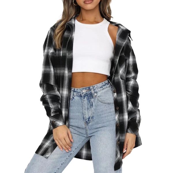 Lacozy Women Casual Flannel Shirts Buffalo Plaid Print Shirt Button Down Loose Fit Blouse Tops Black Small