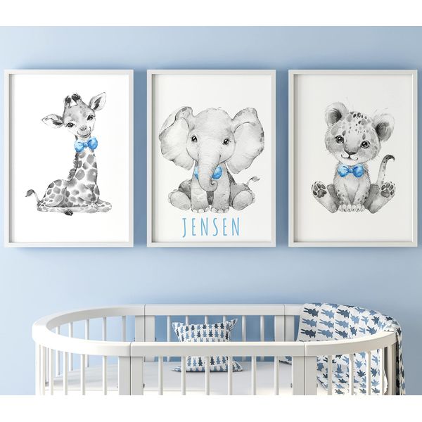 Safari Animals Baby Boys Nursery Bedroom Prints Unframed Set of 3 with Personalised Name, Wall Art Decor Gift Present in Grey Blue Green Yellow, Giraffe Elephant Lion (A5)