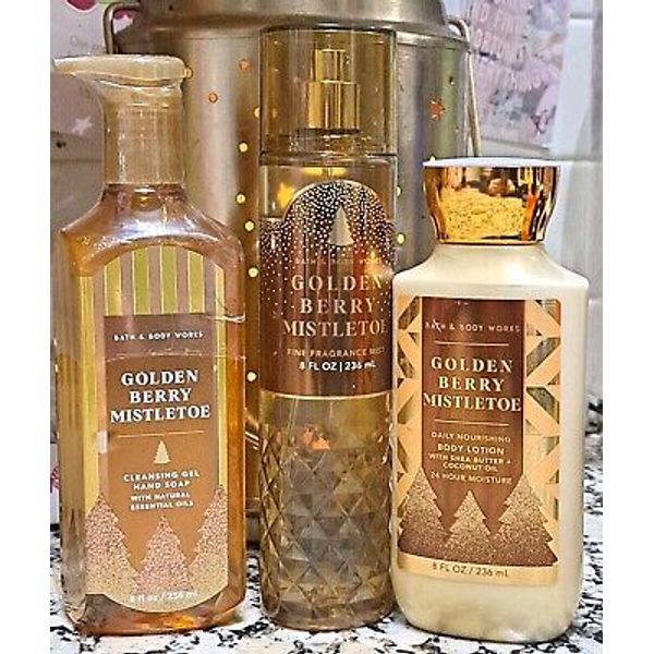 BATH & BODY WORKS GOLDEN BERRY MISTLETOE 3 PIECE BODY CARE GIFT SET LOTION MIST