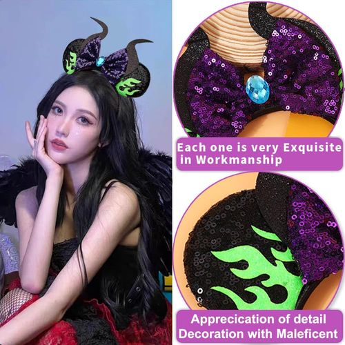 Halloween Mouse Ear Headband for Women, Black Maleficent Horn Hair Bands Sequin Bow Headband with Diamond Flame Design Halloween Cosplay Dress Up Hair Hoop Maleficent Headwear Party Princess Decor