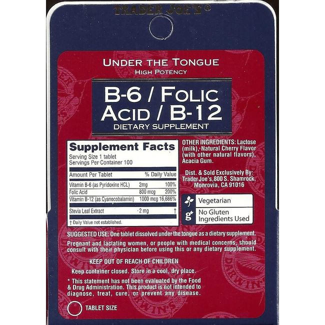 Trader Joe's Under The Tongue B-6 / Folic Acid / B-12 Dietary Supplement, 100 Tablets