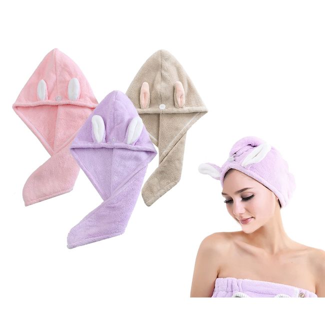 czmylzytt Hair Towel Wrap,Turban 3 Pack,Microfibre Hair Towel, Super Absorbent,Rabbit Ears Hair Drying Towel with Button, Dry Hair Hat, Wrapped Bath Cap (Striped Turban-3)