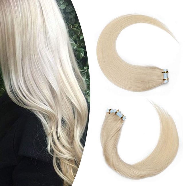 Elailite Invisible Extensions Echthaar Tape - 20PCS Tape Extensions - Remy Real Human Hair - Tape in Extensions Echthaar - glatt - 40cm 30g #70 Gebleichtes Weiß