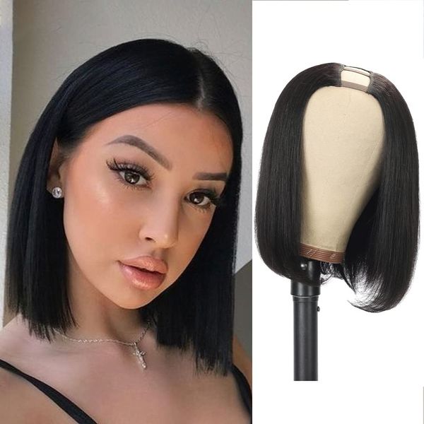 Mylene U Part Human Hair Wig For Black Women 12 inch Short Bob Straight Hair Wigs 150% Density Clip in Half Wig Natural Color (12Inch, U-Part Bob)