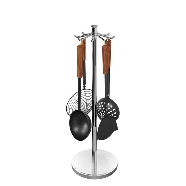 MAYZOLOP Kitchen Countertop Utensil Holder, Stainless Steel Rotatable Cooking Utensils Holder with 8 Rotating Hooks, Hanging Organizer for Spoon, Spatula, Soup Ladle, Spaghetti Server, Skimmer, Chrome