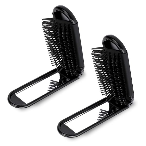 2PCS Travel Hair Brush Folding Hair Brush Mini Hair Brush Pocket Hair Brush Travel Brush With Mirror Hairdressing Tool,Suitable For Gym,Travel,Wallet,Swimming,School (Black)