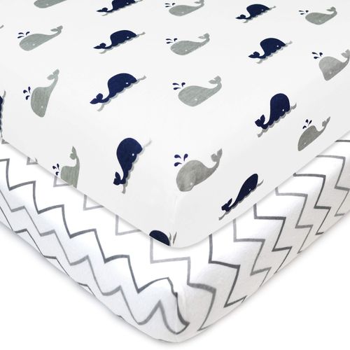 TL Care 2 Pack Fitted Pack N Play Playard Sheet 27" x 39", Soft Breathable Neutral 100% Cotton Jersey Pack and Play Sheet, Navy Whale/Gray Zigzag, for Boys and Girls, Fits Most Mini Crib