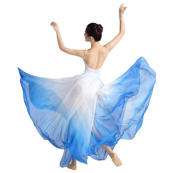 Z&X Modern Ballet Lyrical Dance Skirt Gradient Color Sheer Long Flowy Skirts for Ballerinas Photography Performance Royal Blue White