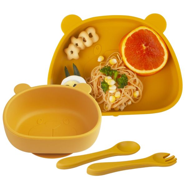 Suction Baby Plate and Bowl Set with Fork Spoon, Silicone Baby Led Weaning Supplies for Toddler Self Feeding, BPA Free Dishwasher and Microwave Safe (Yellow)