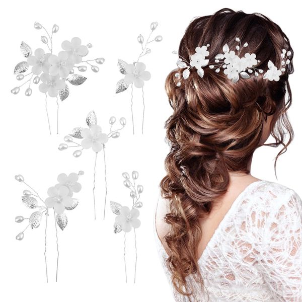 DELITLS 5 Stück Hochzeit Haarnadeln, Brautschmuck Haar, Blumenperlen Braut Haarschmuck, Haar U-förmige Hochzeit Haarspangen für Frauen und Mädchen (Silber