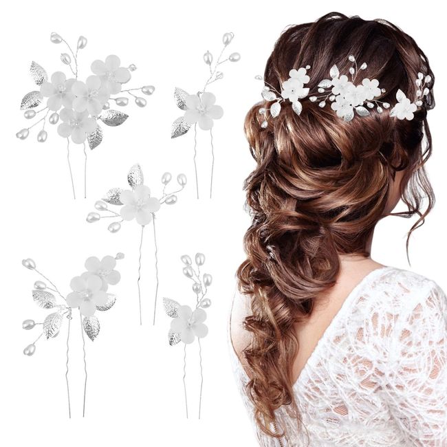 DELITLS 5 Stück Hochzeit Haarnadeln, Brautschmuck Haar, Blumenperlen Braut Haarschmuck, Haar U-förmige Hochzeit Haarspangen für Frauen und Mädchen (Silber