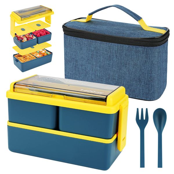 1400ml Lunch Box with 3 Compartments - 2 Layer Leak Proof Bento Box with Insulated Bag and Cutlery, Meal Prep Container Box for Adults Kids Students Office Microwave Dishwasher Safe Available (Blue)