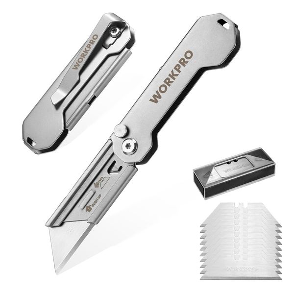 WORKPRO 2PC Folding Utility Knife Box Cutter Quick Open Axis Lock 10 Extra Blade