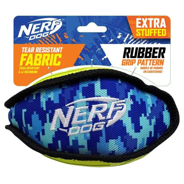 Nerf Dog 7in Tuff Rubber Dog Toy Football, Nylon Camo Plush Football, Green/Blue