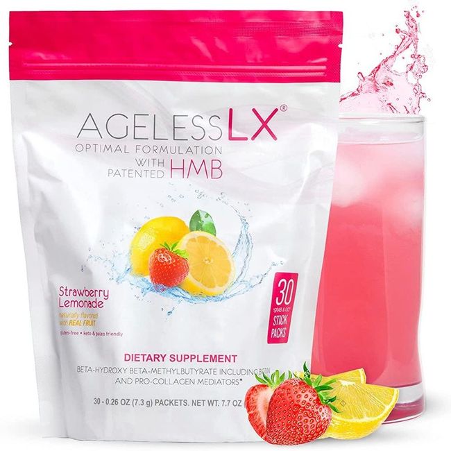 AgelessLX Women's Powder HMB Collagen Enhancer Plus Vitamin D3 Horsetail Biotin Lean Muscle & Strong Hair Nails Packets 30 Strawberry Lemonade