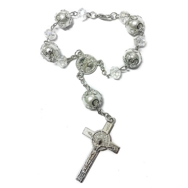 Nazareth Store Saint Benedict Evil Protection Medal White Clear Crystal Beads Rosary Car Auto Mirror Rearview