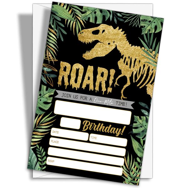 YQV Gold Dinosaur Birthday Party Invitations, 20-Count Jungle Birthday Party Invites With Envelopes-HBYQK-B44