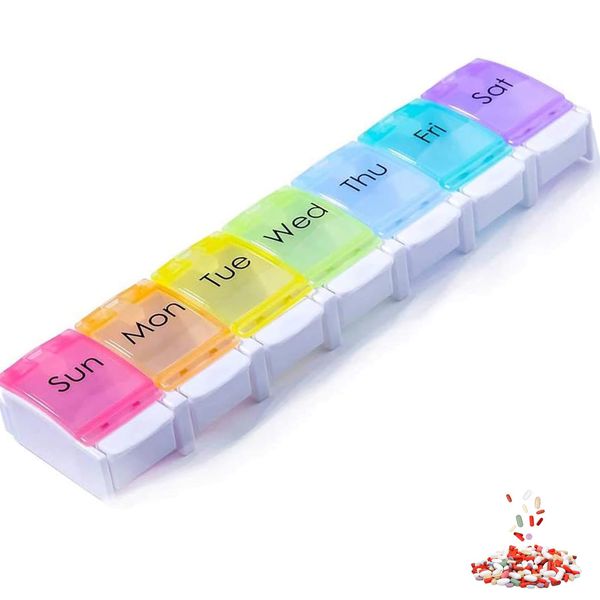 DDUP Pill Box Organiser, 7-Day 1 Times a Day Medicine Storage Case Push Button Opener, Weekly Tablet Pills Container for Vitamins, Supplements & Travel Medication(Rainbow)