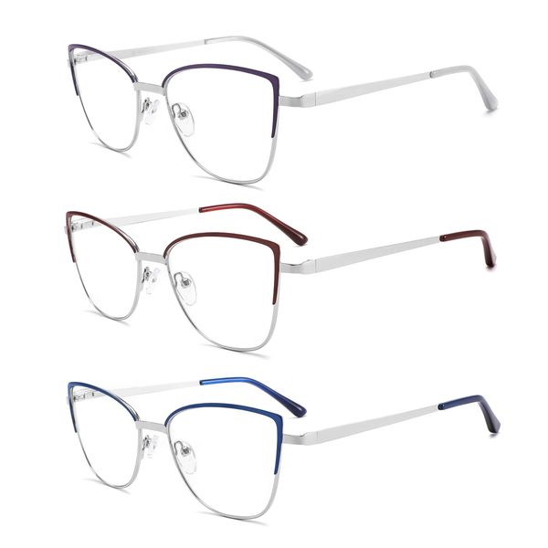 MODFANS Pack of 3 Women's Reading Glasses Blue Light Filter Metal Frame Stainless Steel Material, C123