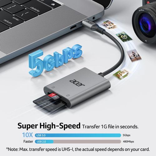 Acer SD Card Reader USB C, Dual Slots Type C to Memory Card Reader, Aluminum Micro SD Card Camera Adapter for MicroSD, SDHC, SDXC, Compatible with iPhone16/15, MacBook, iPad Pro, Android, Laptop
