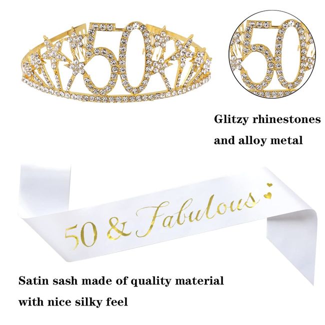 Happy 50th Birthday Tiara and Sash Gifts Crystal Rhinestone Princess Crown Birthday Queen Party Favor Supplies Gold Crowns White Sash