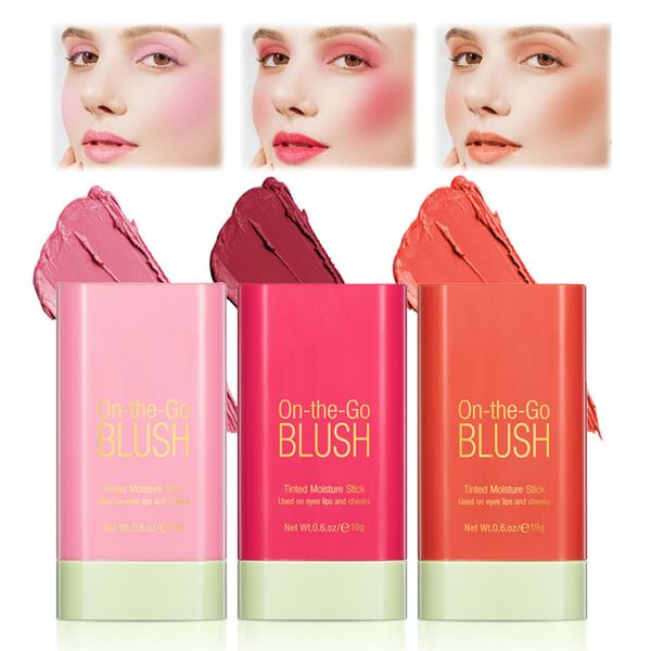 3Pcs Lipstick Blusher Stick, Long Lasting 3 in 1 Blush Stick for Cheeks Lips Eyes, Waterproof Lightweight Cream Blush, Moisturize Blushers for Women Girls Makeup，Easy to Blend Multi-Use Cheek Tint